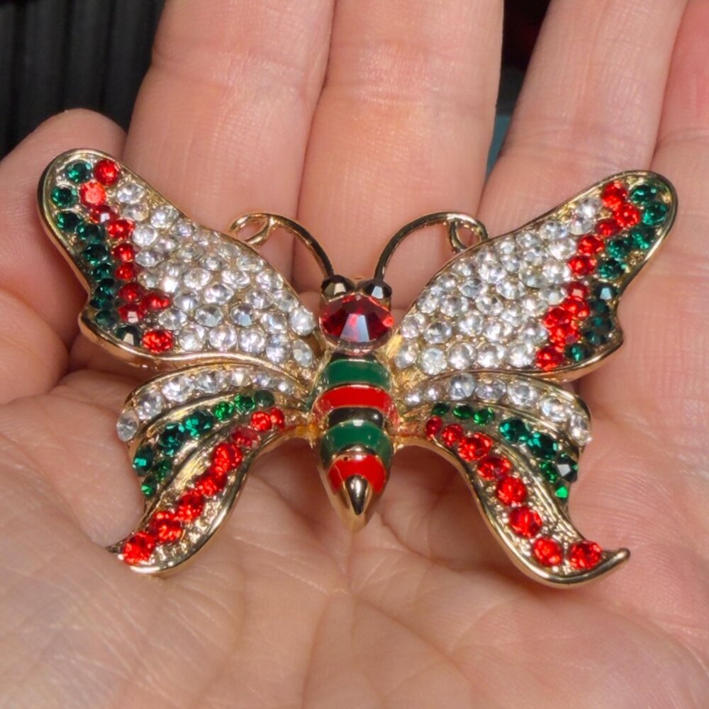 Butterfly Brooch Rhinestone Red Green Holiday Pin 2.5” - Picture 3 of 6